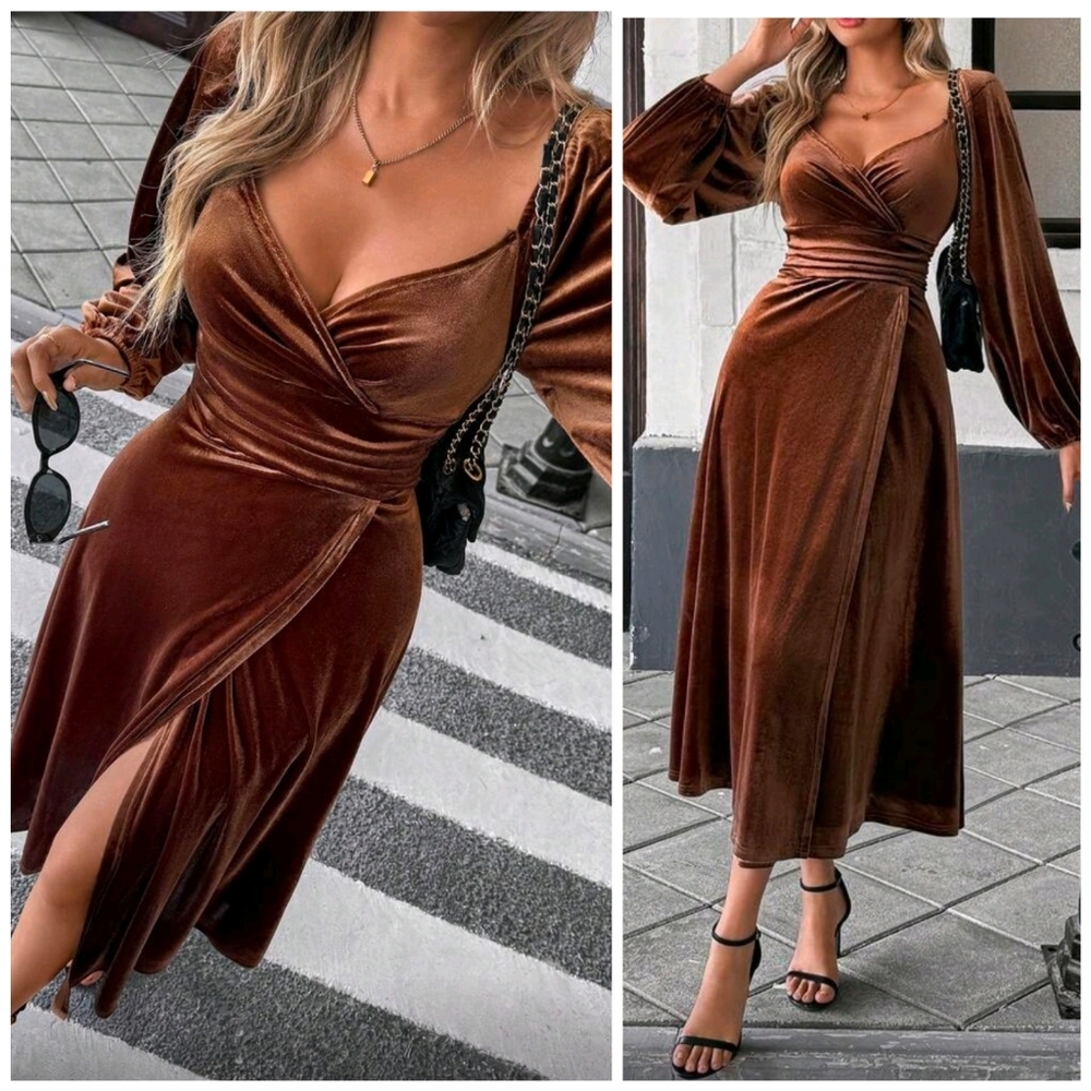 New Velvet Sweetheart Wrap Top Ruched Wrap Midi Dress Brown